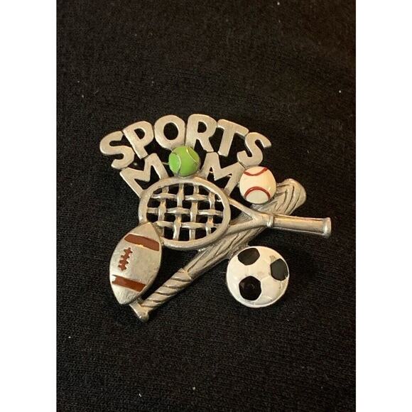 REN Jewelry - Vintage Sports Mom Brooch Pin Silver Tone Football Baseball Etc. Signed REN 1.5"